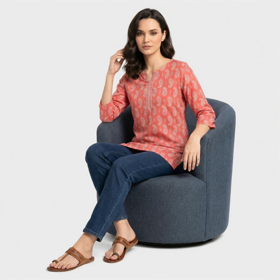 Women's Pink Round Neck Printed Straight Kurti, Pink, large