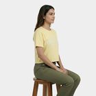 Women's Yellow Cotton Round Neck Casual T-Shirt, पीला, small