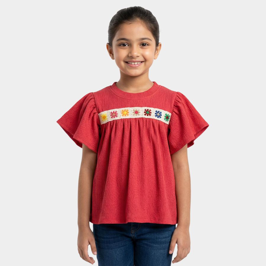 Girls Pink Round Neck Casual T-Shirt, Pink, large