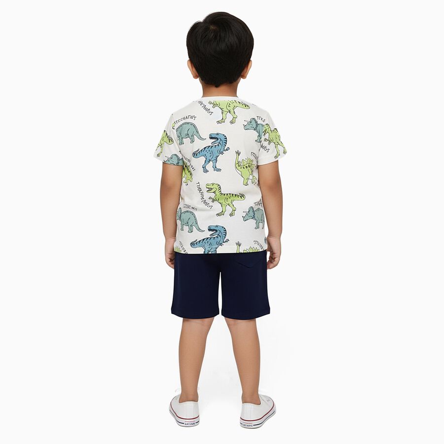 Boys' Off White Cotton Round Neck Dinosaur Printed Baba Suit, Off White, large image number null