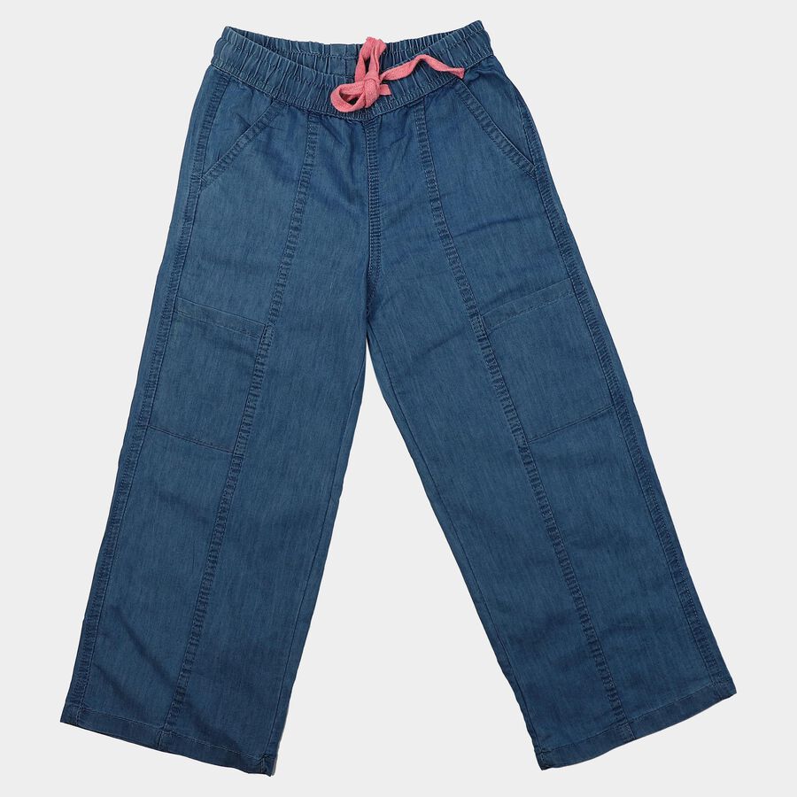 Girls Blue Wide Leg Drawstring Jeans, मध्यम नीला, large