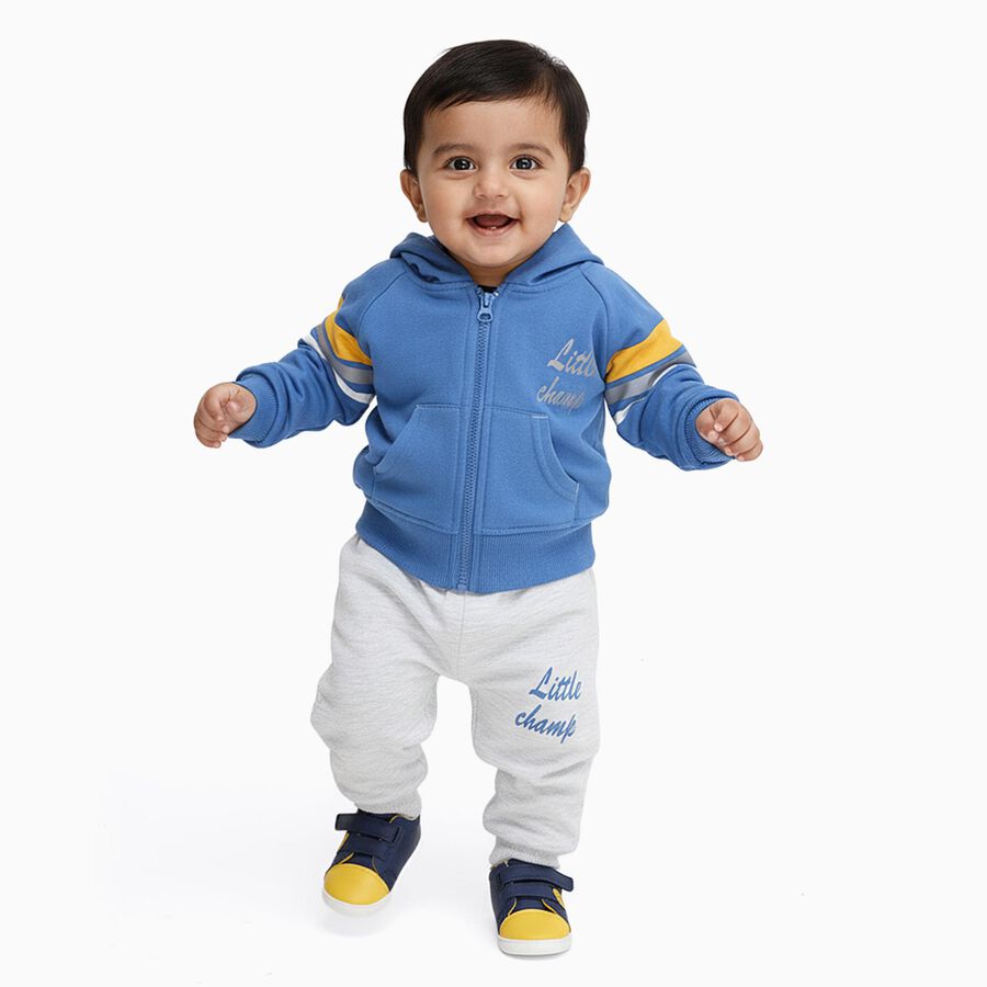 Infants' Blue Hoodie Cuff Sleeve Printed Baba Suit, Mid Blue, large image number null