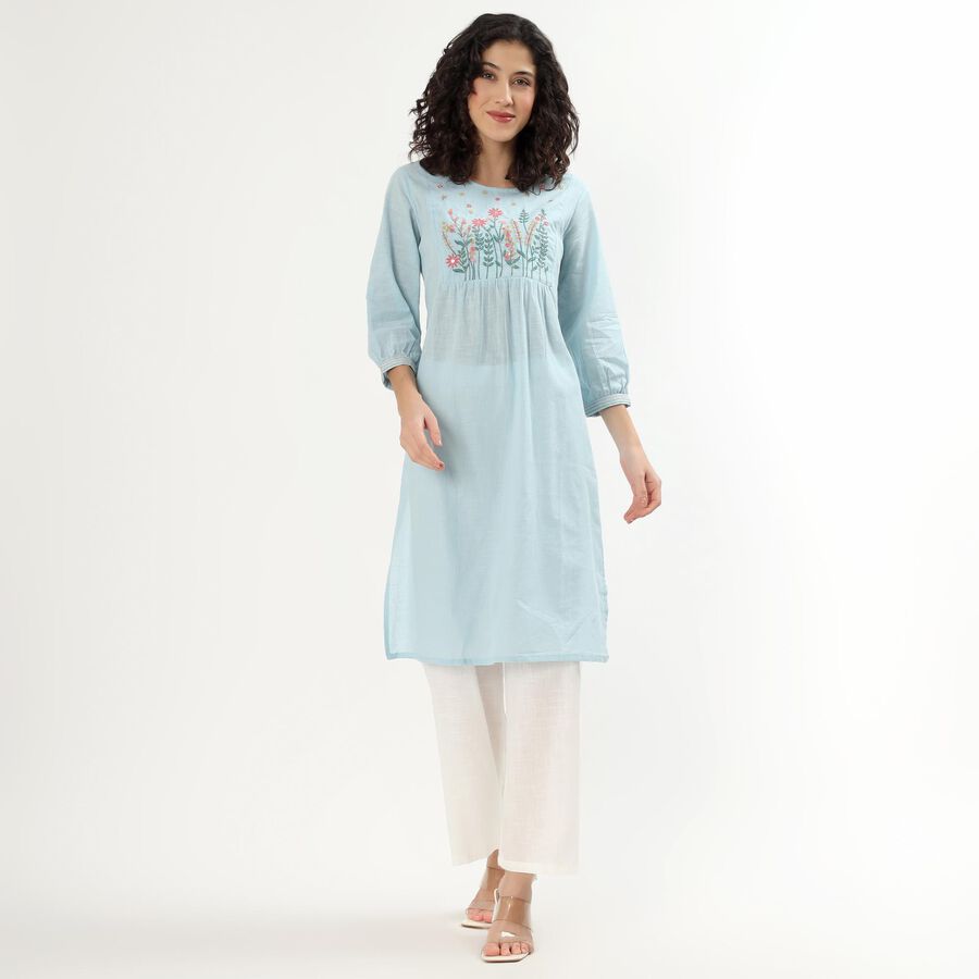 Women's Light Blue Cotton Round Neck Straight Kurta, Light Blue, large