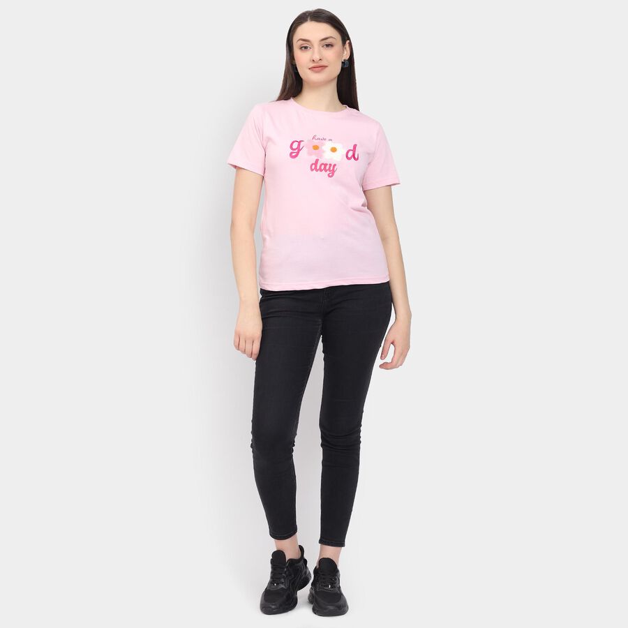 Ladies' 100% Cotton Round Neck T-Shirt, गुलाबी, large