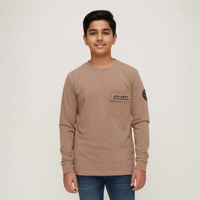 Boys Muted Beige Round Neck Casual T-Shirt