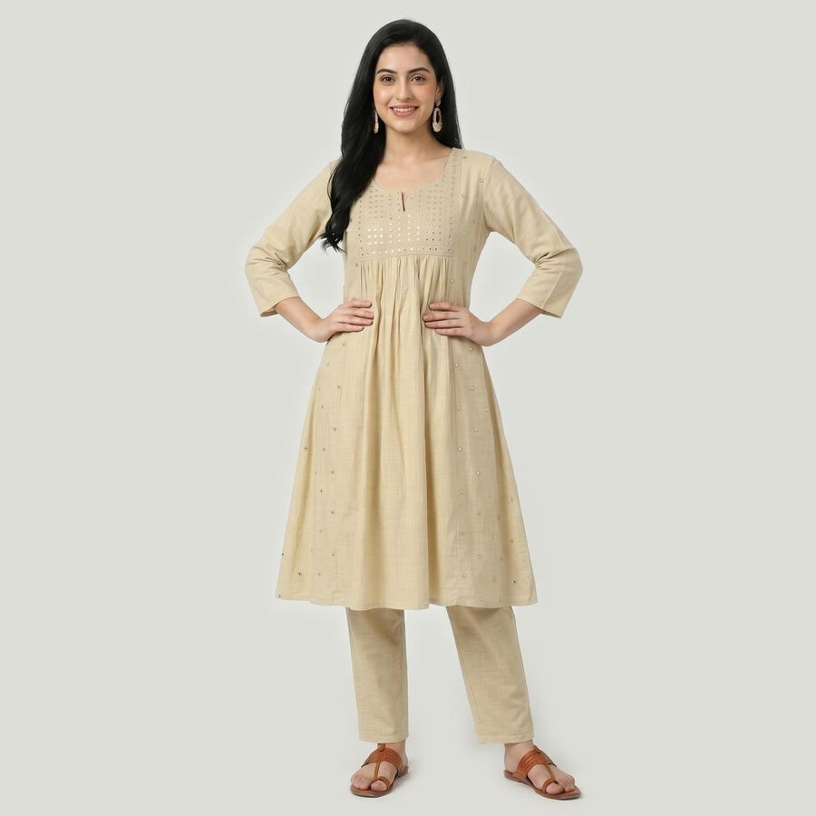 Women's Beige Cotton Embellished Ethnic Set, Beige, large