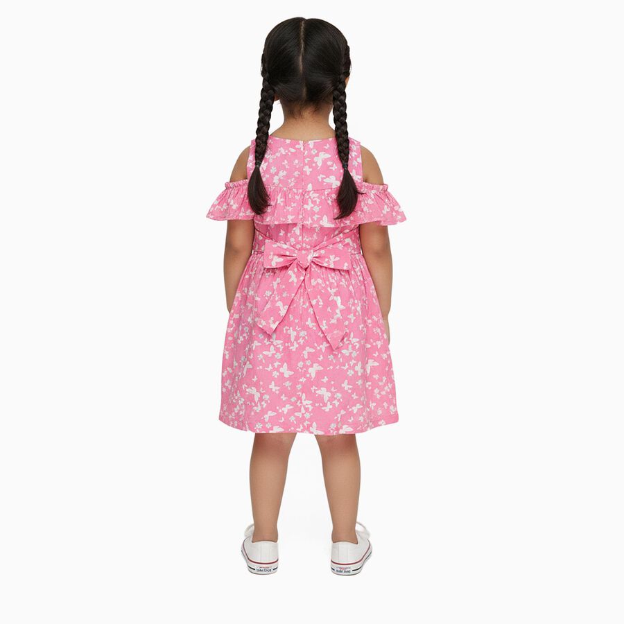 Girls' Bright Pink Butterfly Print Cold-Shoulder A-Line Frock, Pink, large image number null