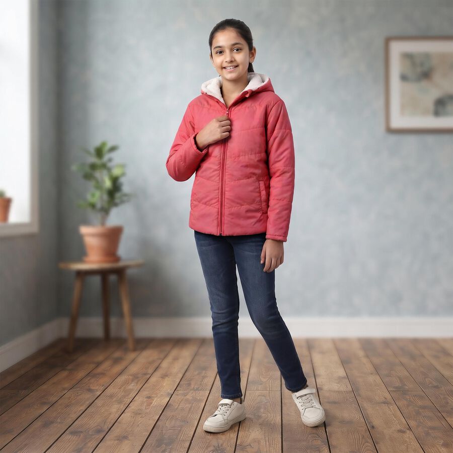 Girls' Pink Hooded Puffer Jacket, Pink, large