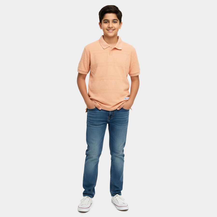 Boys Peach Round Neck Casual T-Shirt, Peach, large