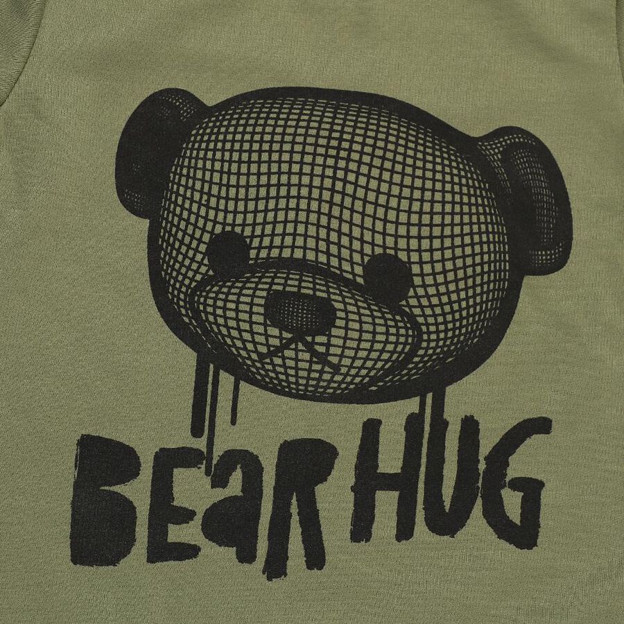 Boys' Olive Round Neck Bear Print Baba Suit, ओलिव, large image number null