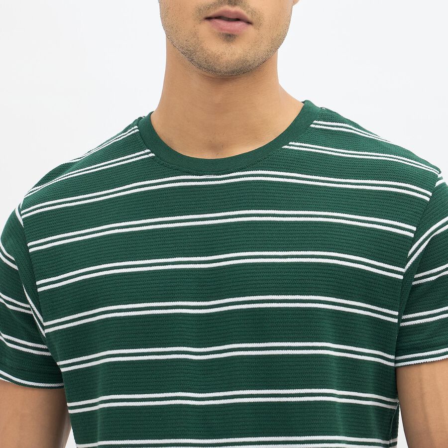 Men's Deep Forest Green Round Neck Striped T-Shirt, Dark Green, large image number null