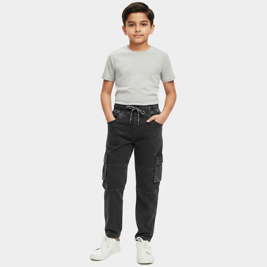 Boys' Black Regular Fit Drawstring Jeans, काला, large