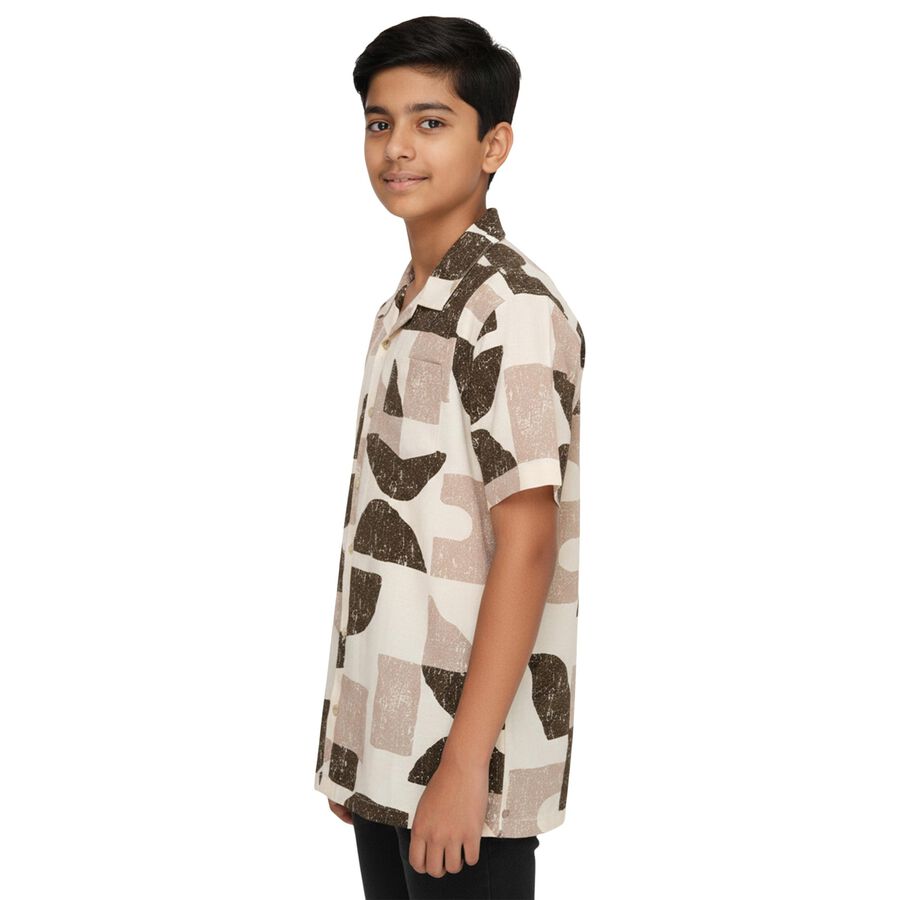 Boys Beige and Brown Cotton Half Sleeve Cuban Collar Casual Shirt, Beige, large image number null
