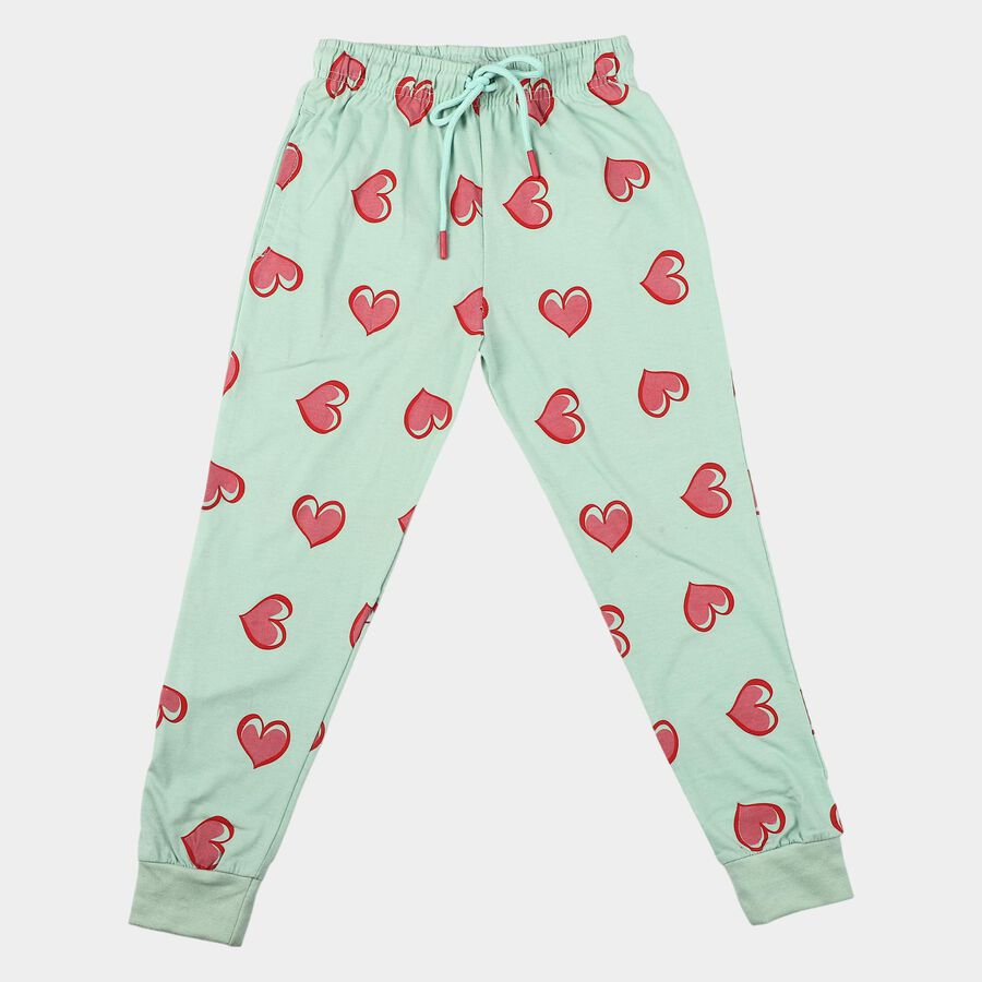 Girls' Mint Green Jogger Heart Printed Pyjama, हल्का हरा, large