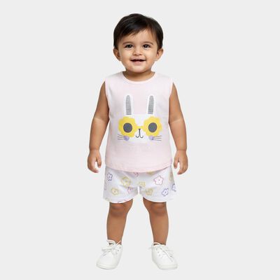 Infant Pink Cotton Bunny Print Sleeveless Top and Floral Shorts Set