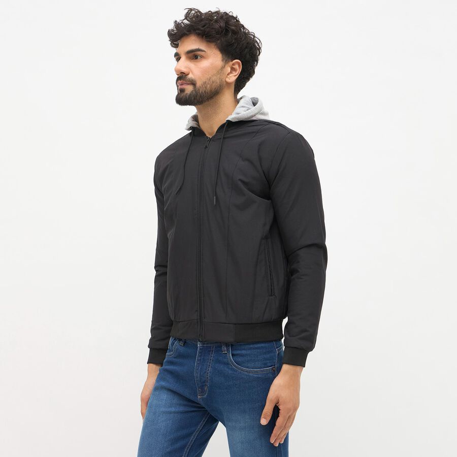 Men's Jet Black Hooded Casual Jacket, काला, large image number null