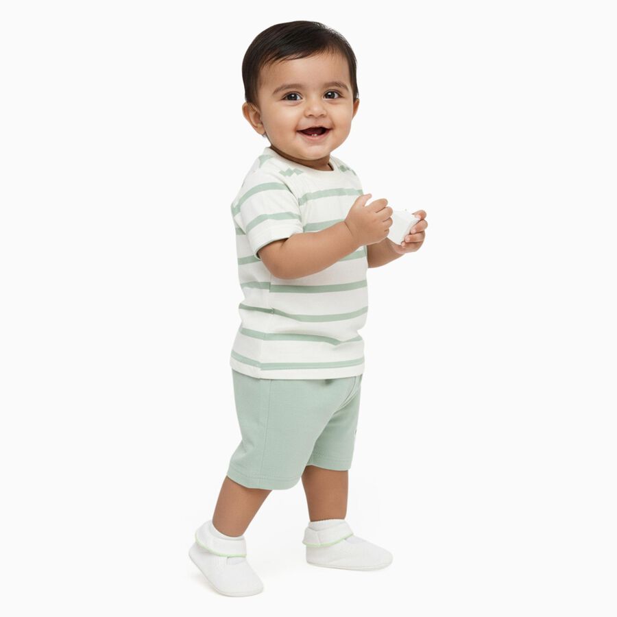 Infants' Light Green Cotton Round Neck Striped Baba Suit, Light Green, large