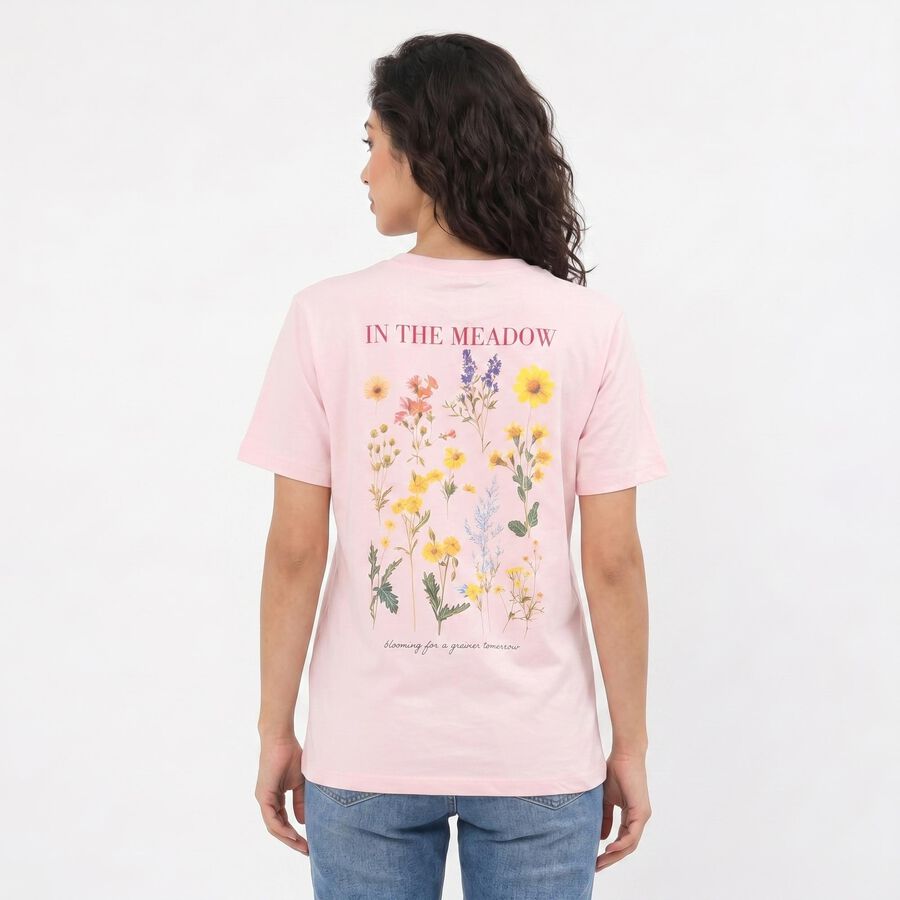 Women's Pink Cotton Round Neck Graphic Print T-Shirt, हल्का गुलाबी, large