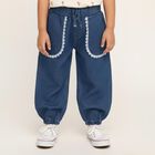 Girls' Deep Blue Relaxed Fit Lace Trim Jeans, मध्यम नीला, small image number null