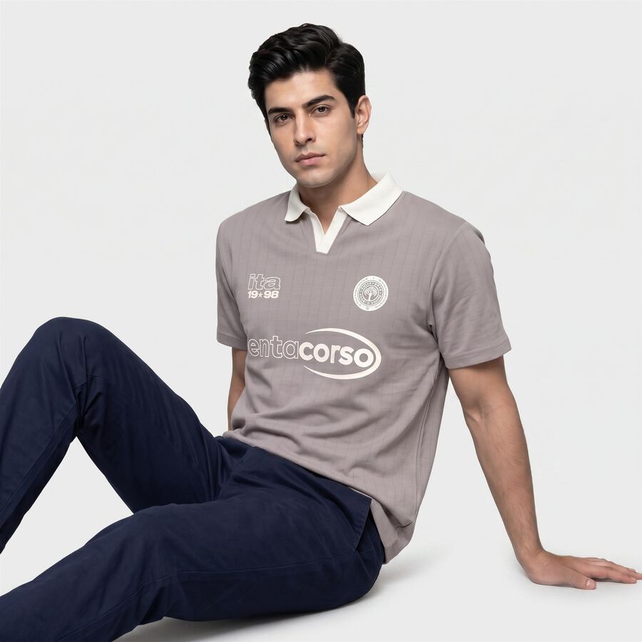 Men Grey Polo Neck Graphic Print T-Shirt, Light Grey, large