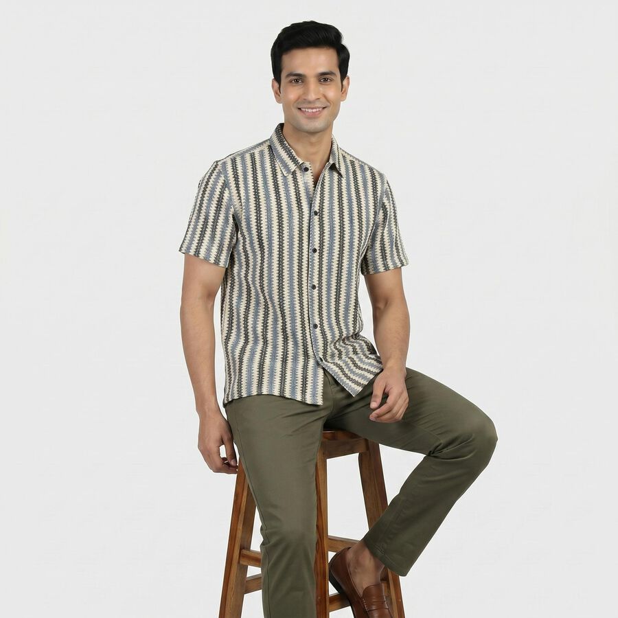 Men's Cream Geometric Regular Fit Casual Shirt, Off White, large