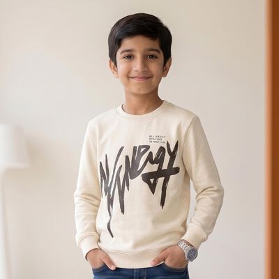 Boys' Off White Crew Neck Graphic Print Sweatshirt