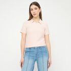 Women's Bright Pink Polo Collar Casual T-Shirt, गुलाबी, small