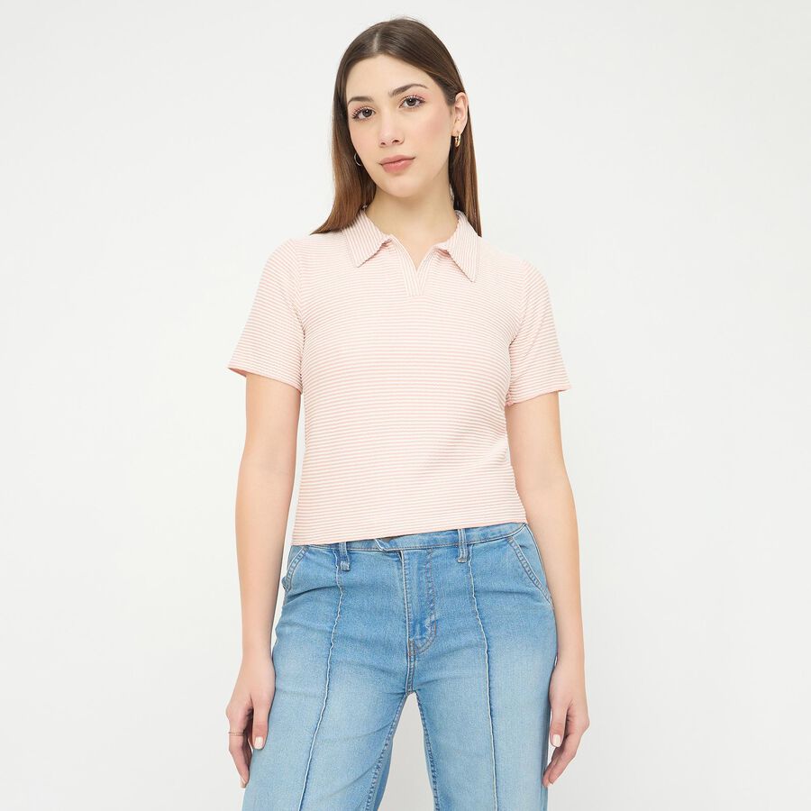 Women's Bright Pink Polo Collar Casual T-Shirt, गुलाबी, large