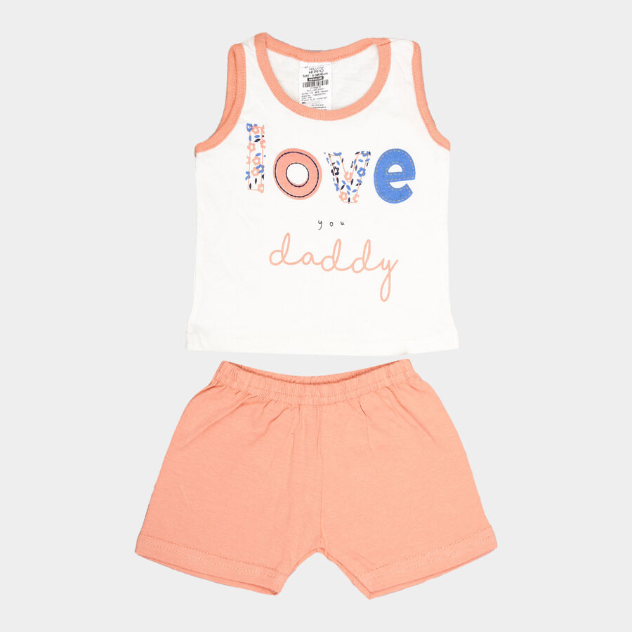 Infants Cotton Round Neck Shorts Set, Peach, large image number null