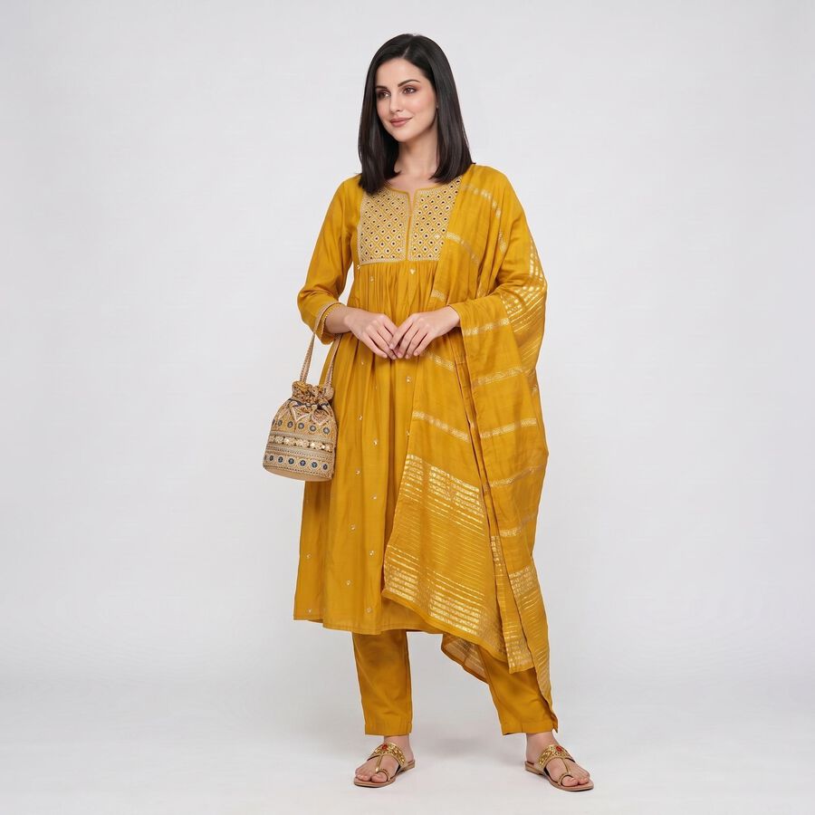 Women's Mustard Embroidered Ethnic Set, Mustard, large