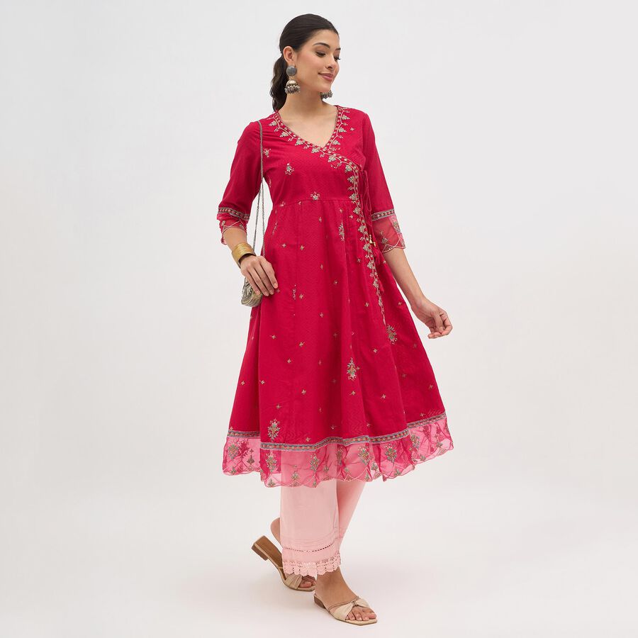 Girls' Bright Fuchsia Embroidered Flared Kurta, रानी (फ्यूशिया), large image number null
