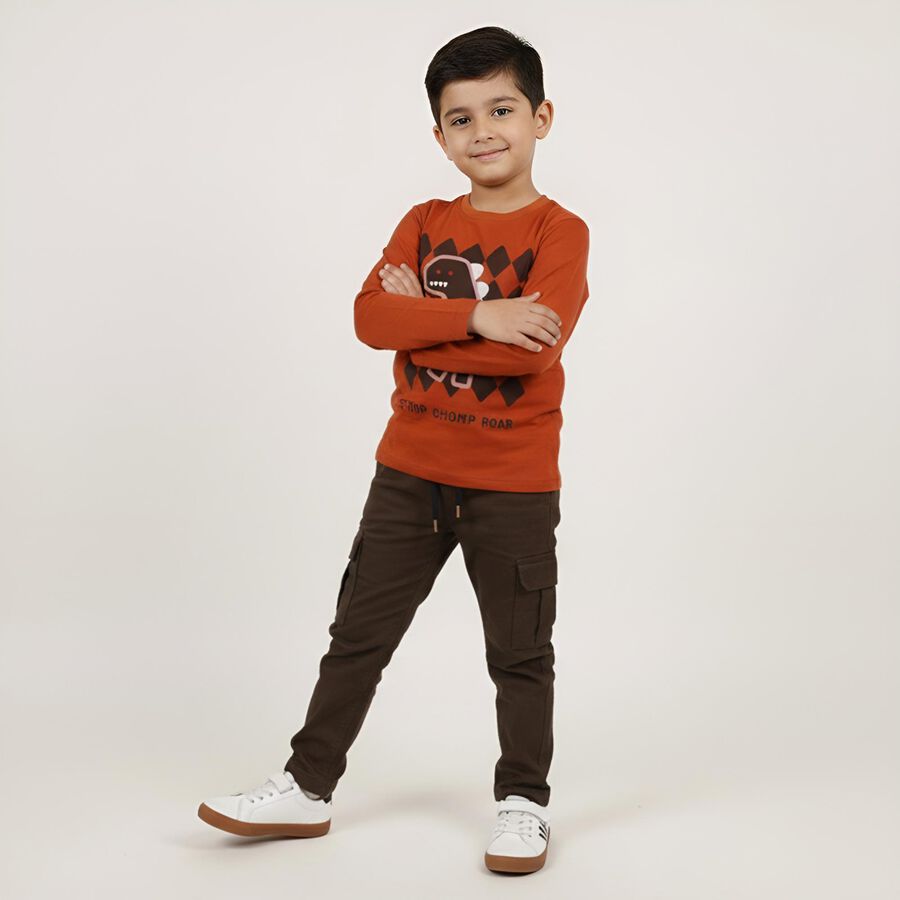 Boys' Rust Orange Cotton Dinosaur Printed Baba Suit, Brown, large image number null