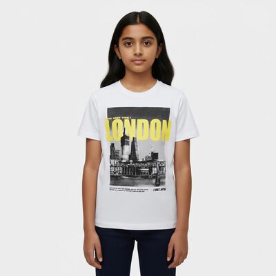 Girls' White Cotton Round Neck Casual T-Shirt