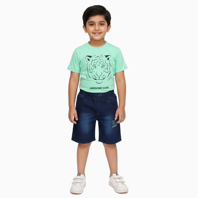 Boys' Light Green Cotton Round Neck Tiger Print Baba Suit