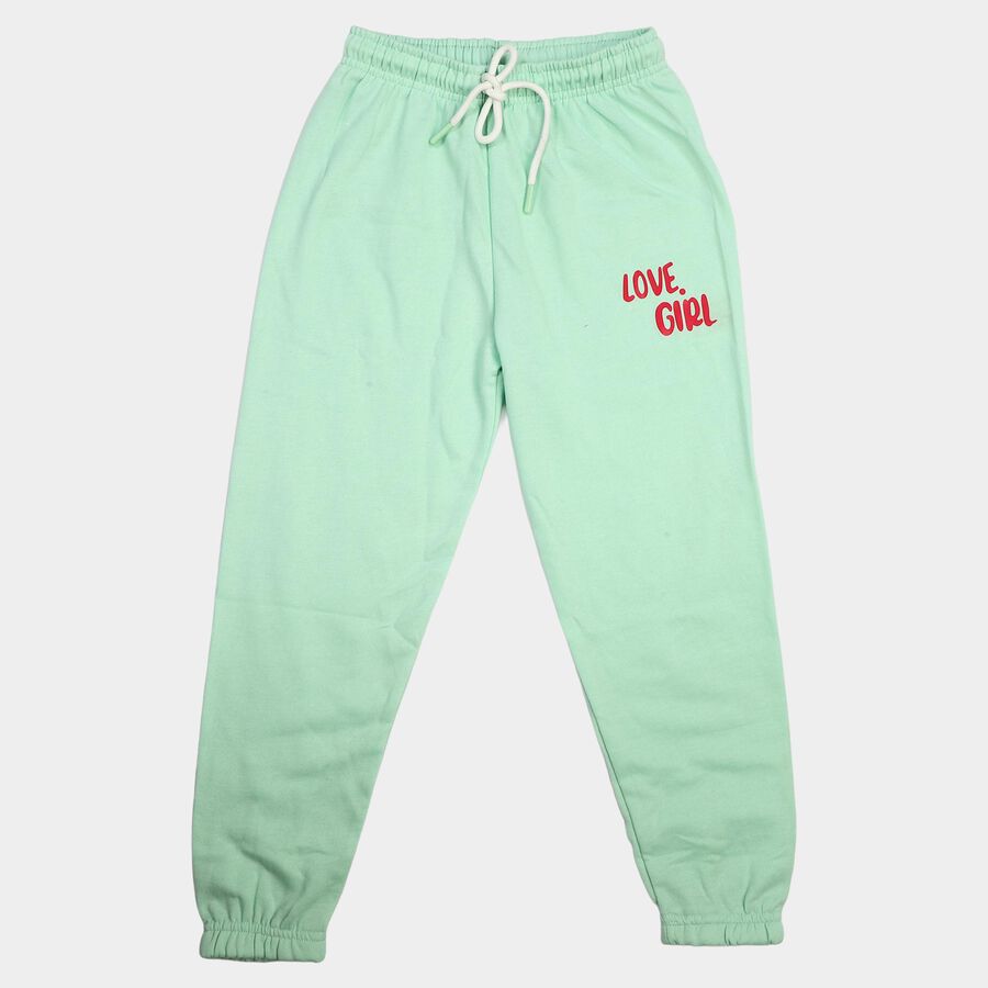 Girls Mint Green Jogger Fit Typographic Printed Winter Pyjama, हल्का हरा, large