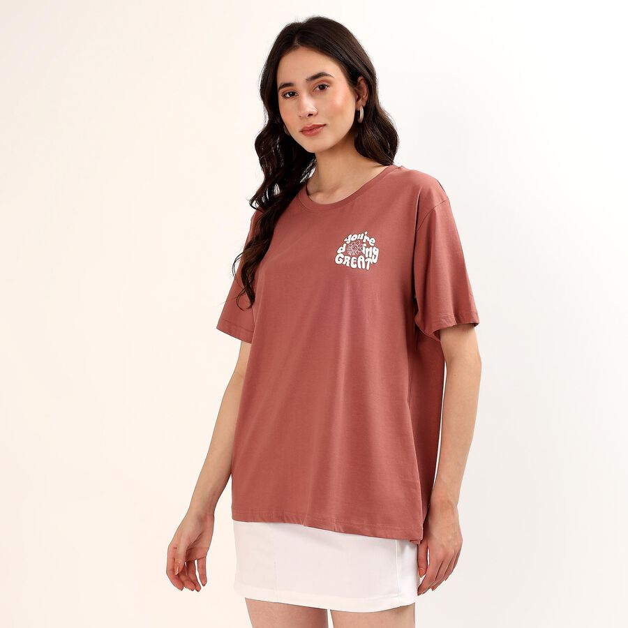 Women's Pink Cotton Round Neck Casual T-Shirt, गुलाबी, large