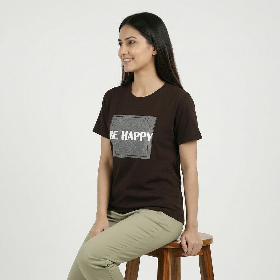Women's Brown Round Neck Casual T-Shirt, Brown, large