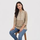 Women's Beige Cotton Mandarin Collar Embroidered Kurti, गहरा पीला, small