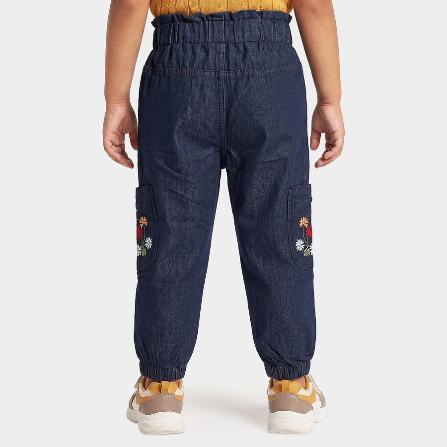 Girls Navy Blue Jogger Fit Embroidered Cargo Jeans, गहरा नीला, large