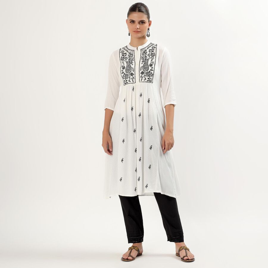 Women's White Mandarin Collar Embroidered Kurta, White, large image number null