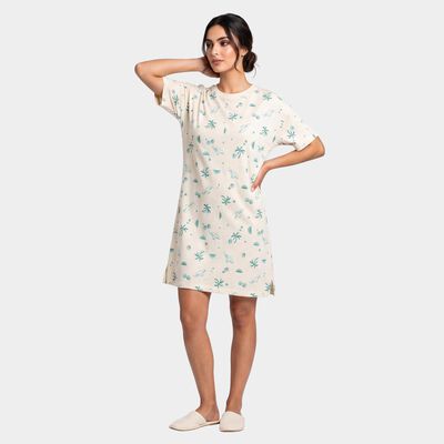 Women's Off White Cotton Round Neck T-Shirt Style Nighty