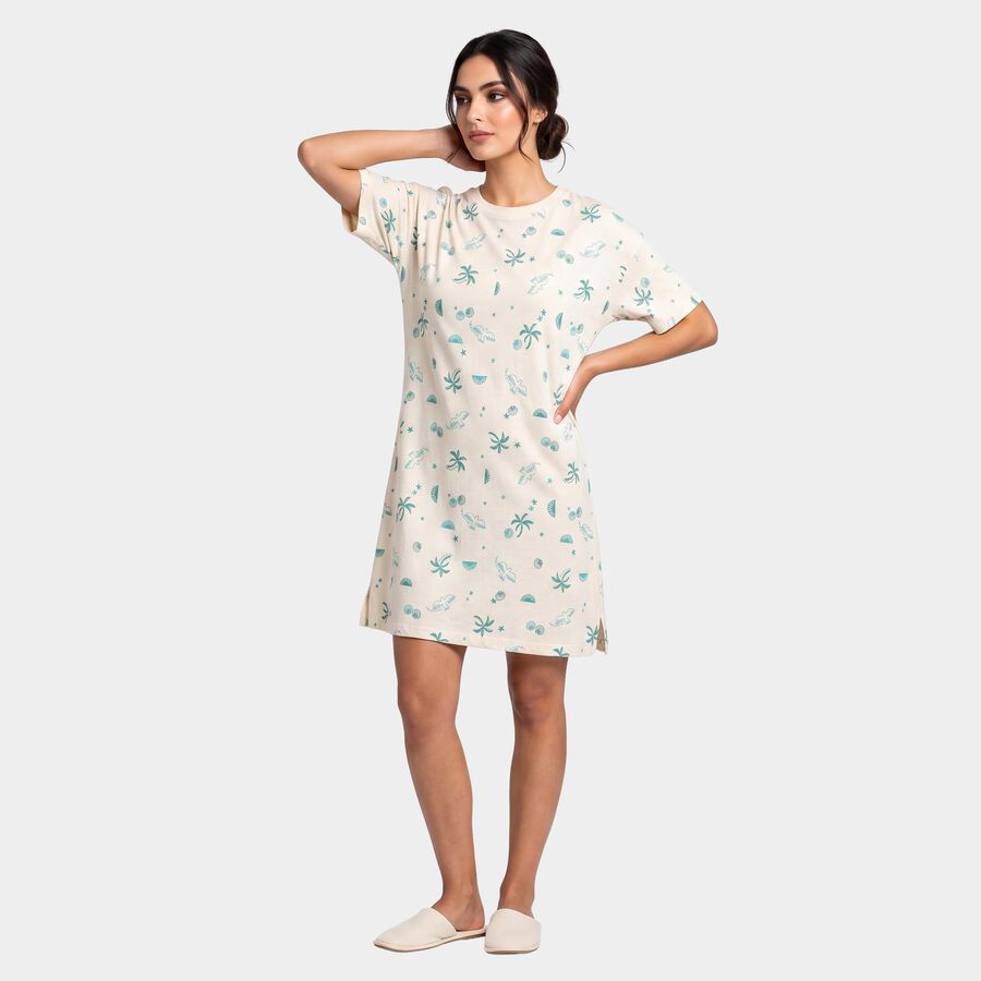 Women's Off White Cotton Round Neck T-Shirt Style Nighty, ऑफ व्हाइट, large