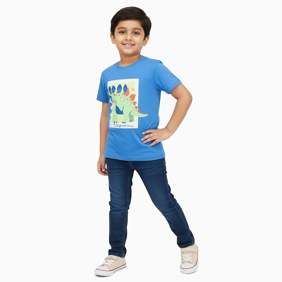 Boys Bright Sky Blue Cotton Round Neck Casual T-Shirt, Mid Blue, large image number null