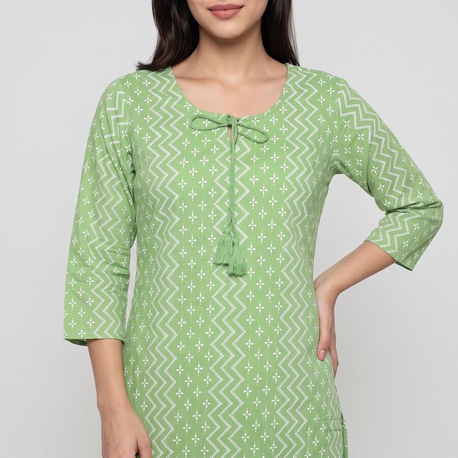 Women's Green Round Neck Tie-Up Printed Kurta, Light Green, large
