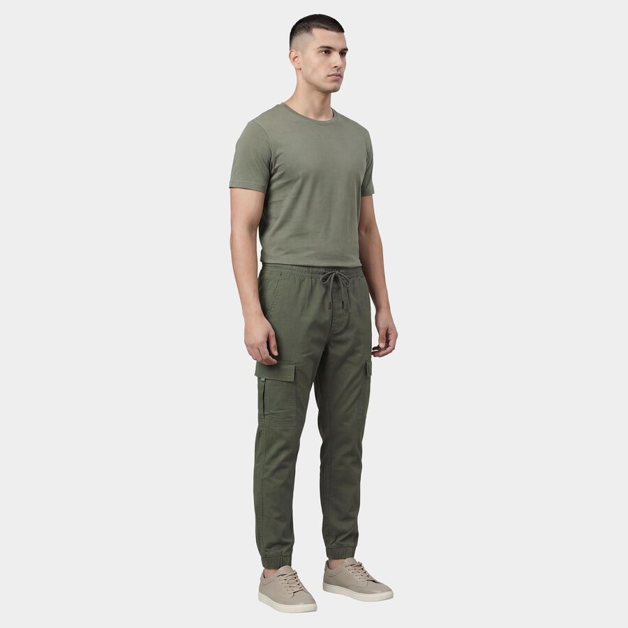 Men's Green Slim Fit Flat-Front Casual Trousers, Light Green, large