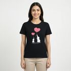 Women's Black Cotton Round Neck Casual T-Shirt, काला, small
