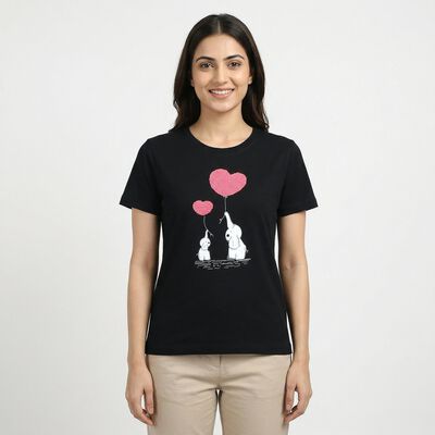Women's Black Cotton Round Neck Casual T-Shirt