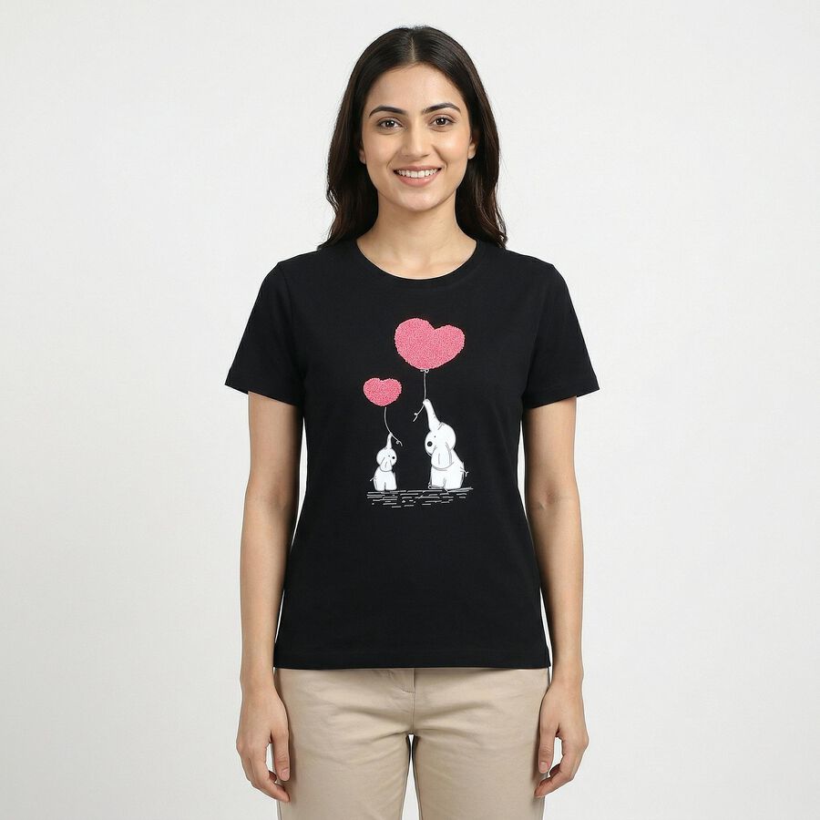 Women's Black Cotton Round Neck Casual T-Shirt, काला, large