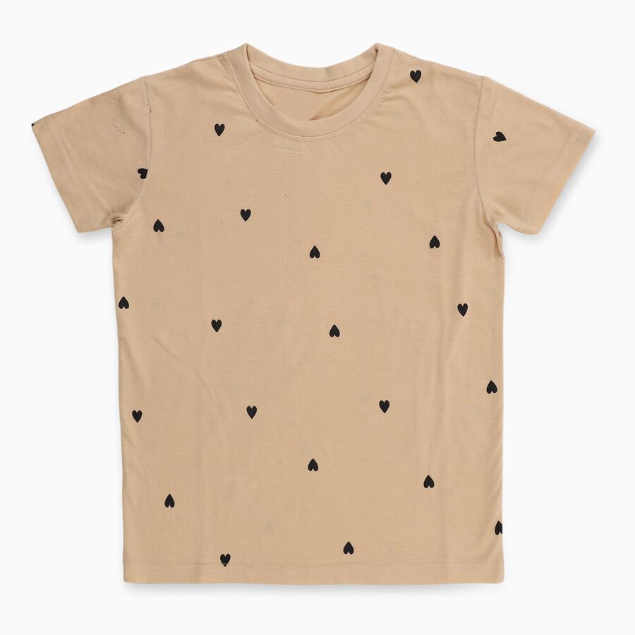 Girls Light Beige Round Neck Casual T-Shirt, Beige, large