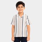Boys' Beige Striped Camp Collar Shirt, Beige, small